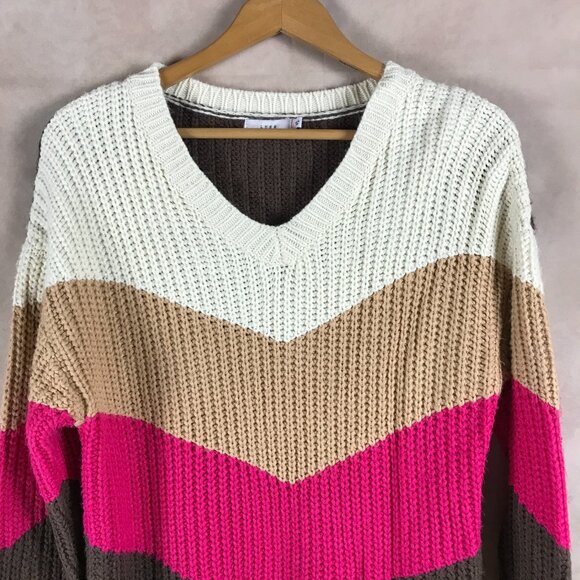 LUSH Ribbed V-neck Colorblock Chevron Sweater SMALL - Picture 3 of 7